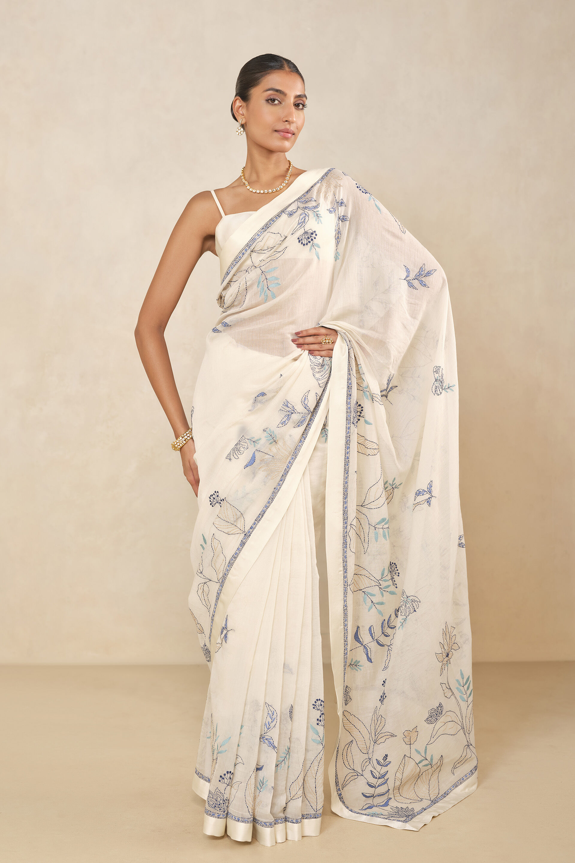 Haiku Hand-embroidered Kantha Mul Saree - White-Blue